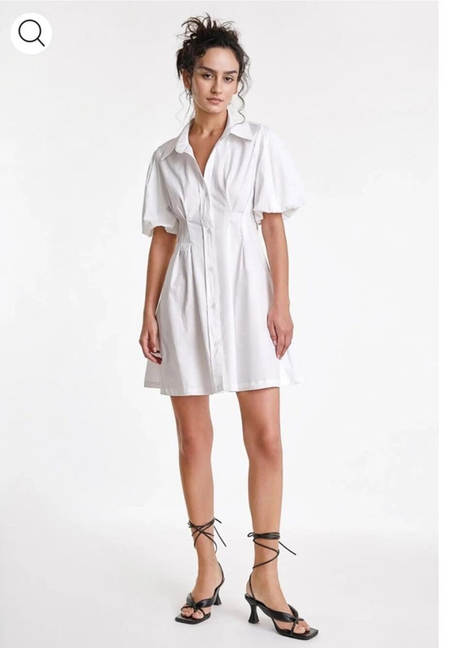 J. Ing White Fitted Waist Puff Sleeve Shirt Dress, 100% Cotton, Mini Crisp, Sz M